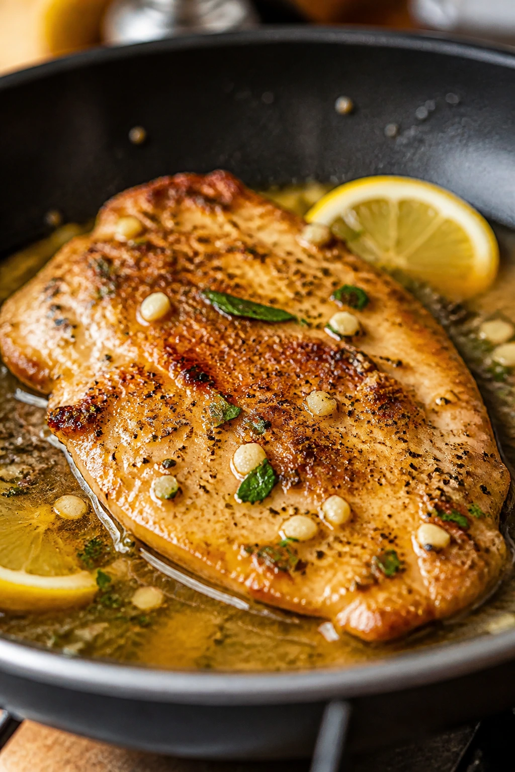 Close-up of a seared chicken cutlet in skillet with glossy sauce