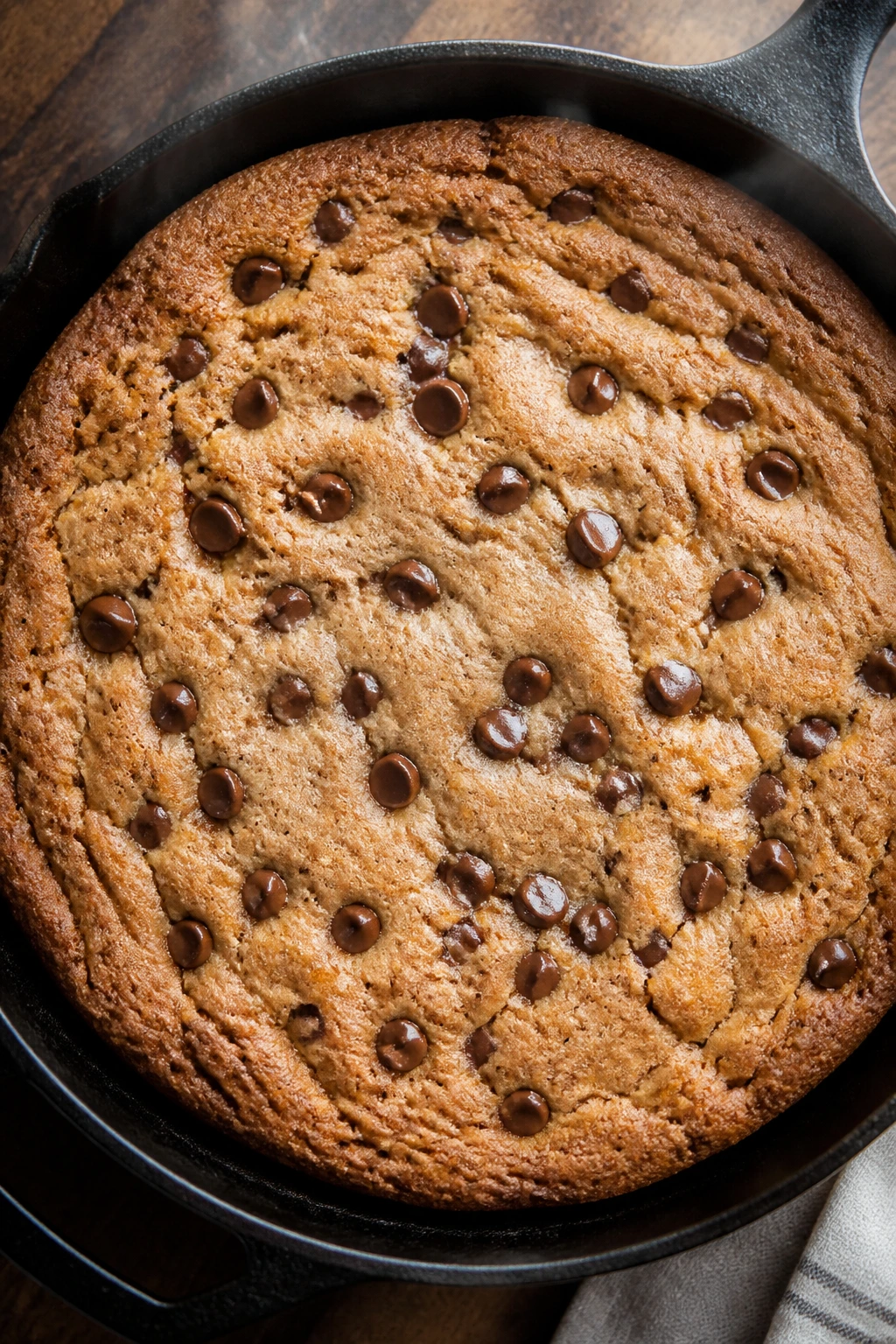 Skillet cookie in cast-iron skillet with chocolate chips and gooey center