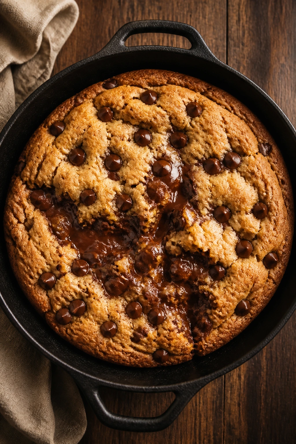 Skillet cookie in cast iron pan with gooey center