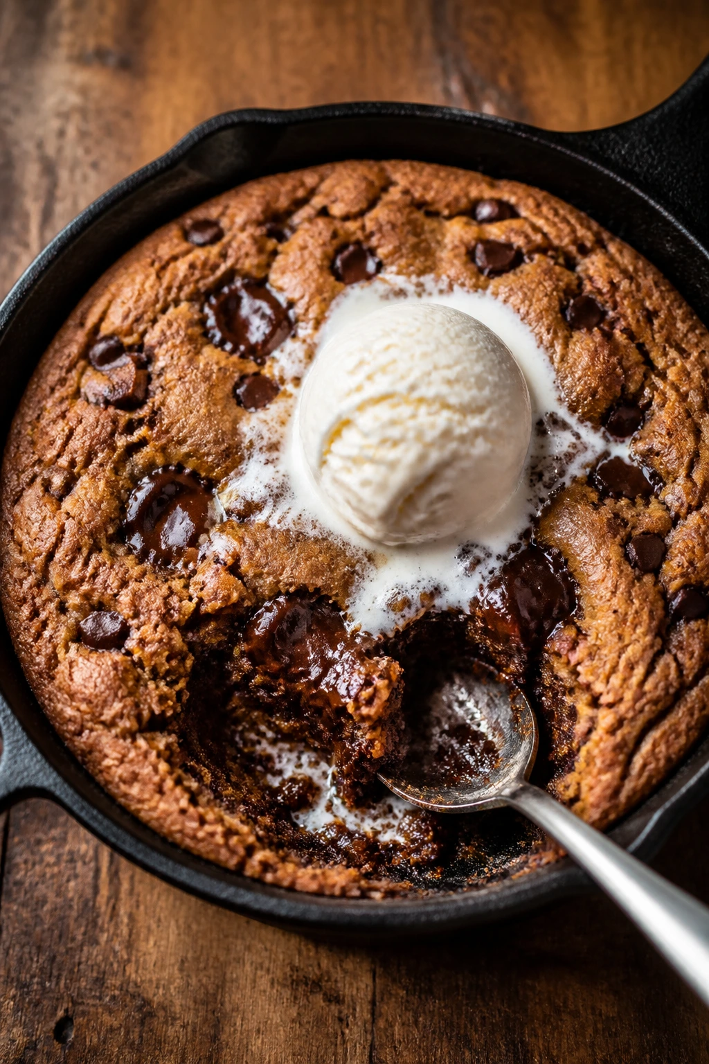 Top-down view of a skillet cookie for two with melting ice cream
