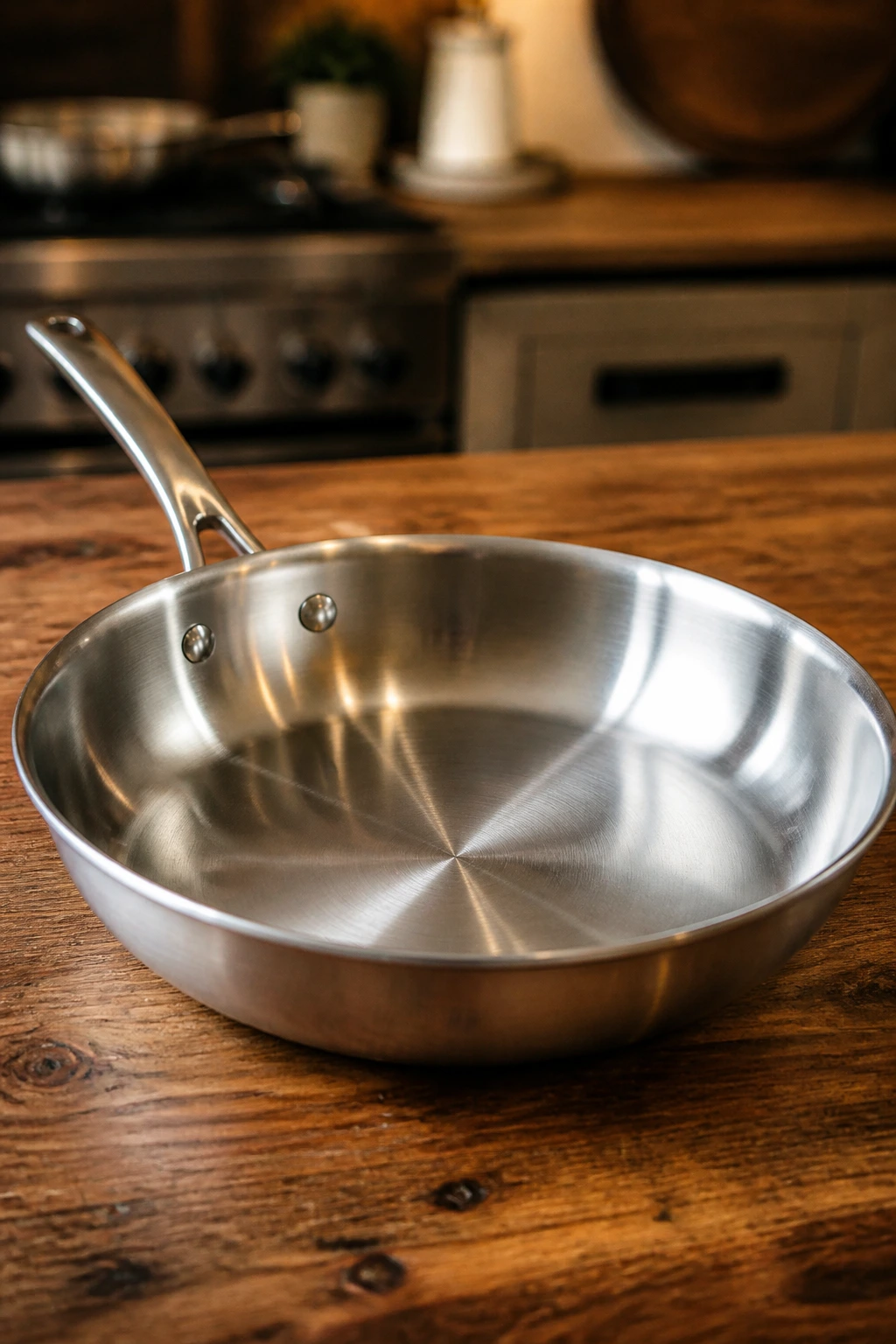 Shiny 12 inch skillet on wooden counter in kitchen