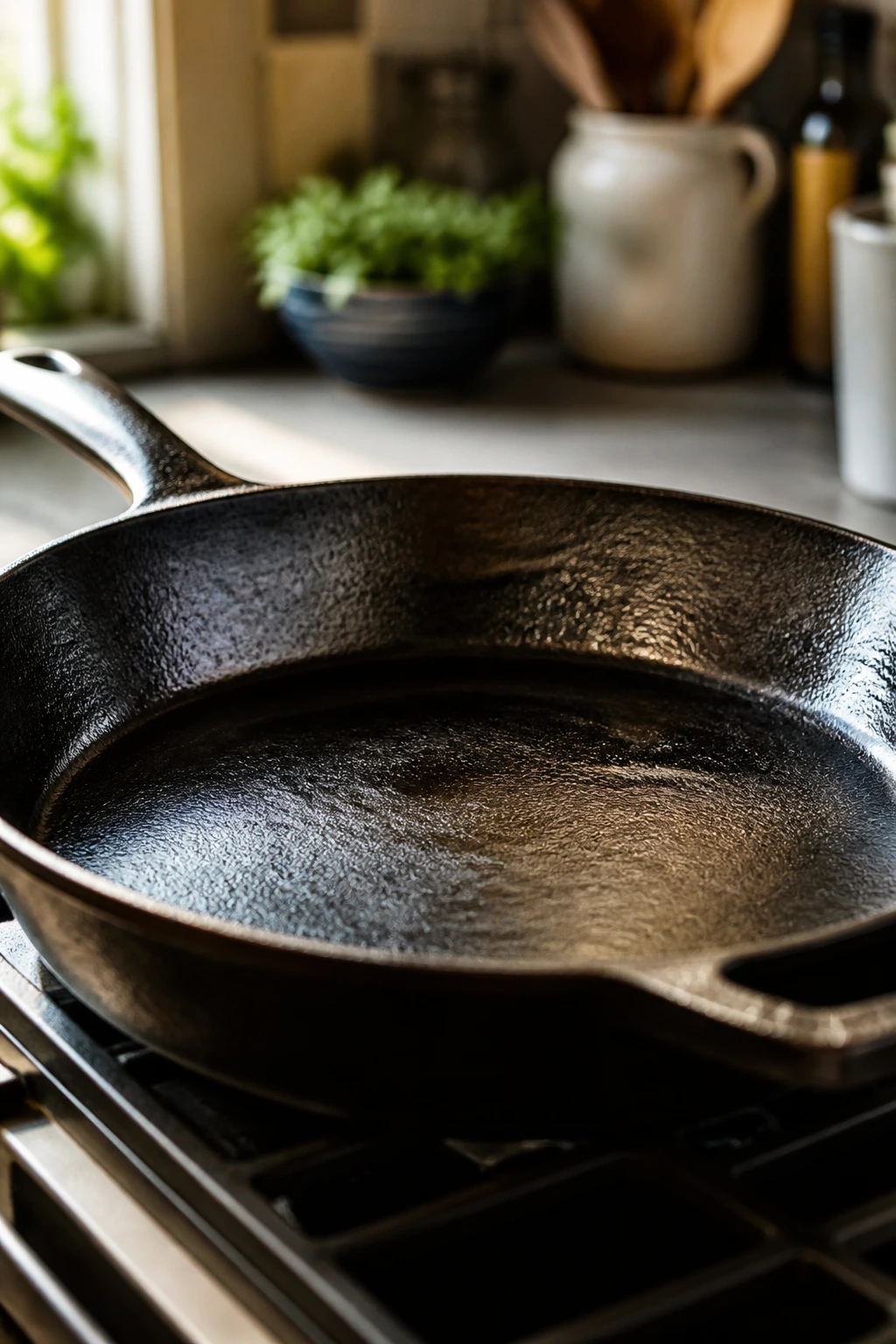 Close-up of a large skillet dominating a kitchen scene, representing essential cooking equipment.