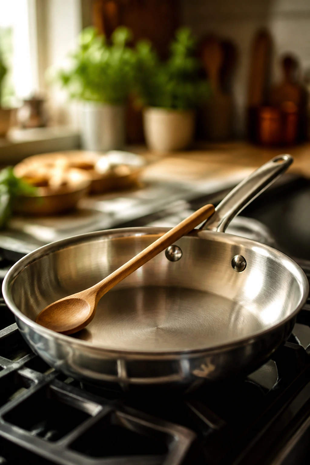 Close-up of a large skillet occupying the frame in a warm kitchen with a wooden spoon