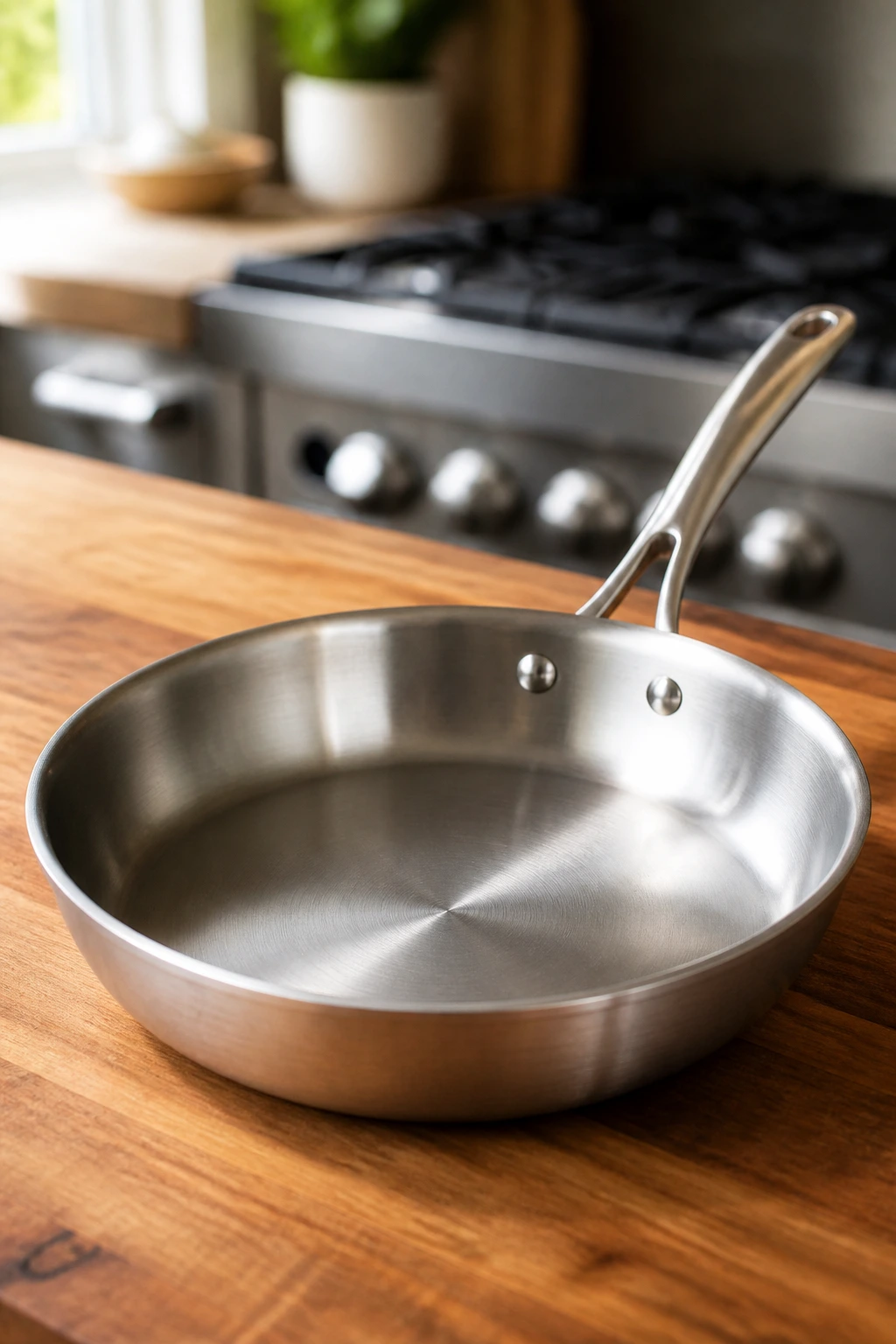 Close-up of a gleaming 12-inch skillet on a wooden kitchen counter