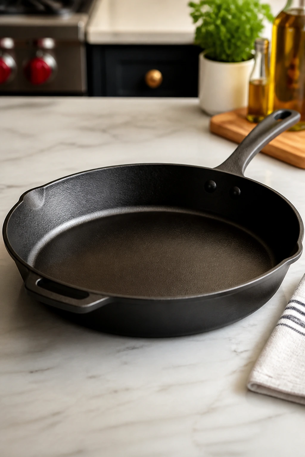 Large skillet as the hero cookware on a kitchen counter