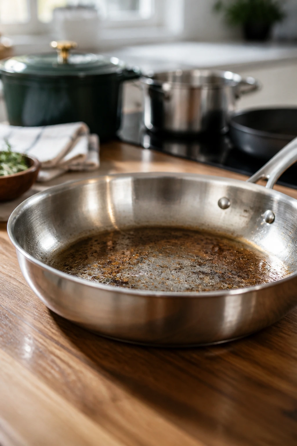 12-inch skillet on wooden countertop in kitchen