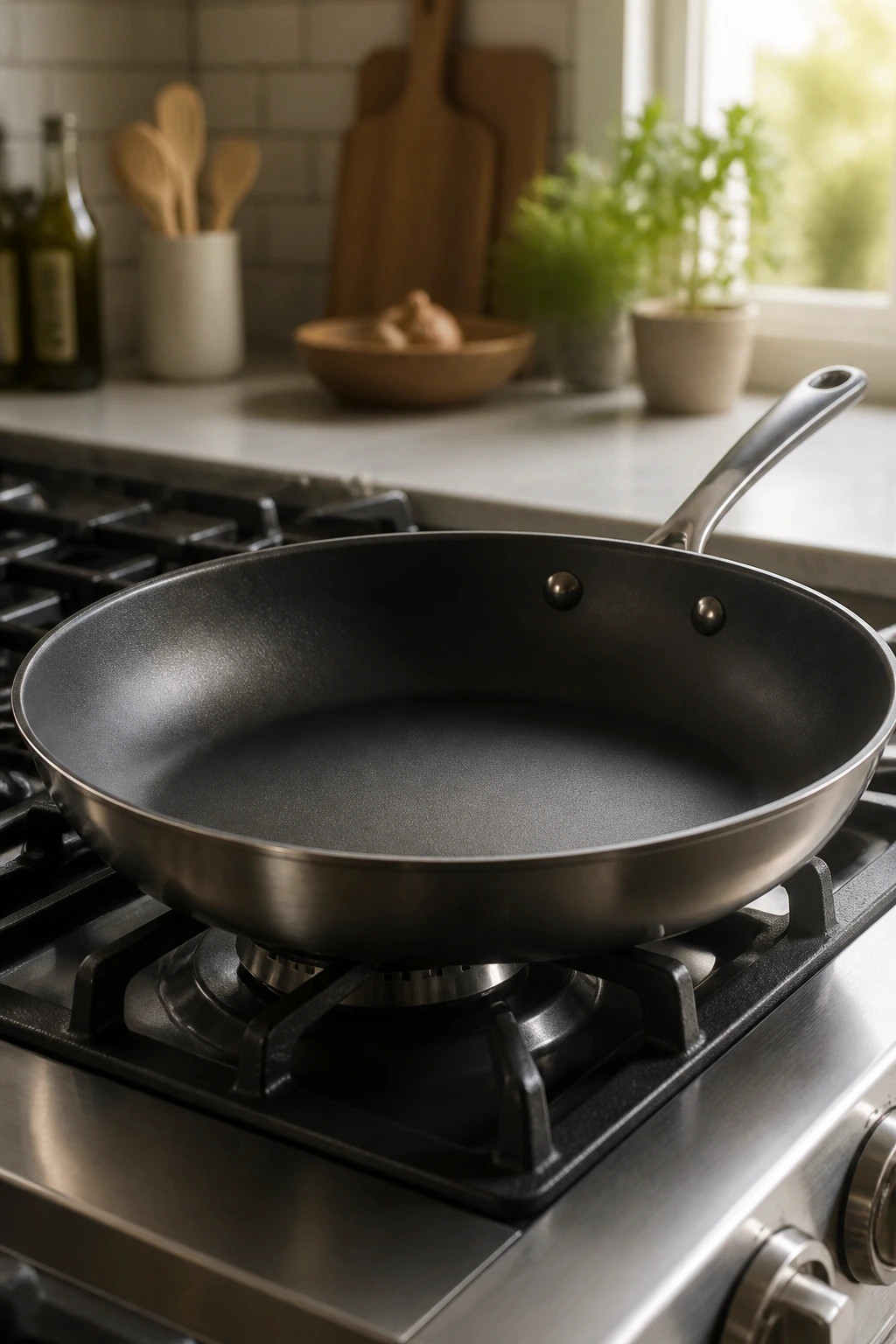 Close-up of a large skillet dominating a kitchen stove.
