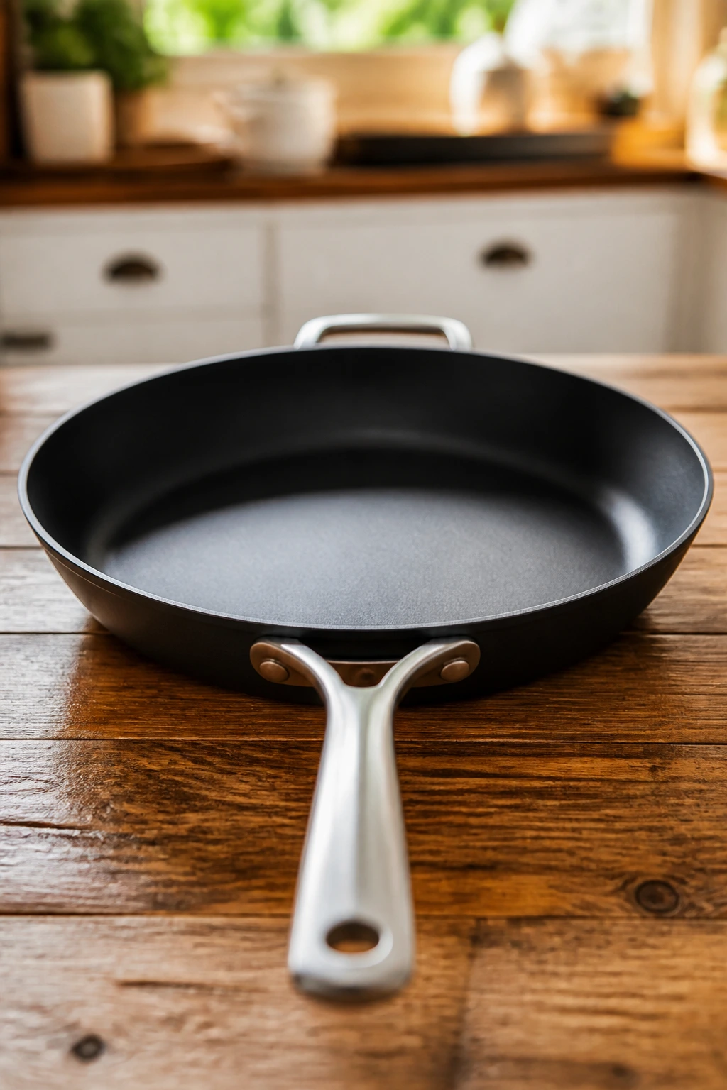 Close-up of a 12-inch skillet on a kitchen counter.