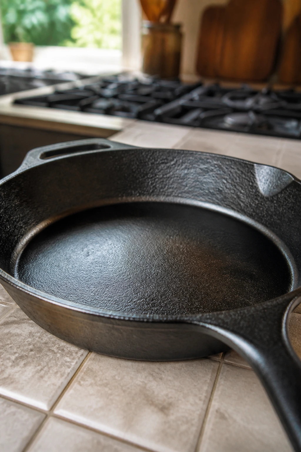 Close-up of a large cast-iron skillet on a kitchen counter