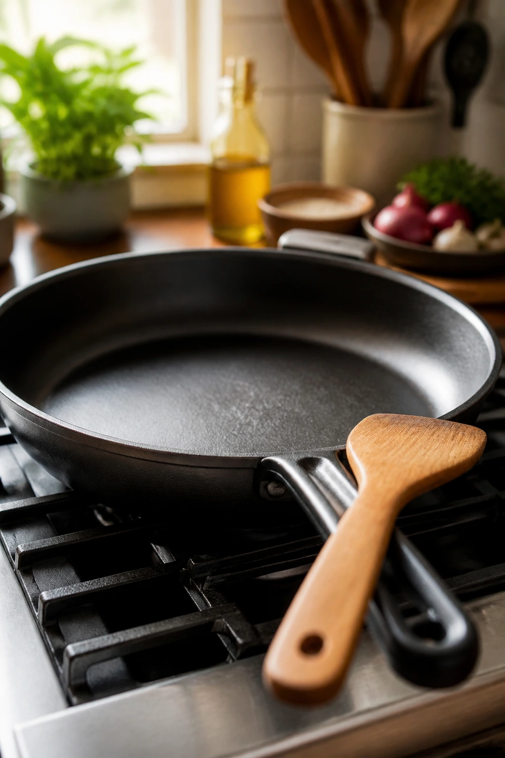 Close-up of a large skillet as essential kitchen equipment
