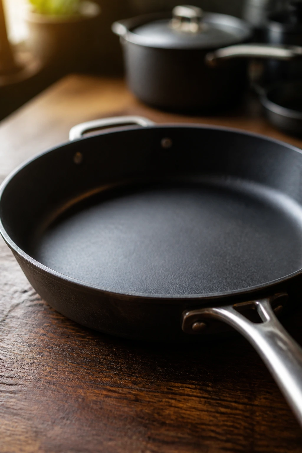 Close-up of a large skillet on a kitchen counter as essential cooking equipment