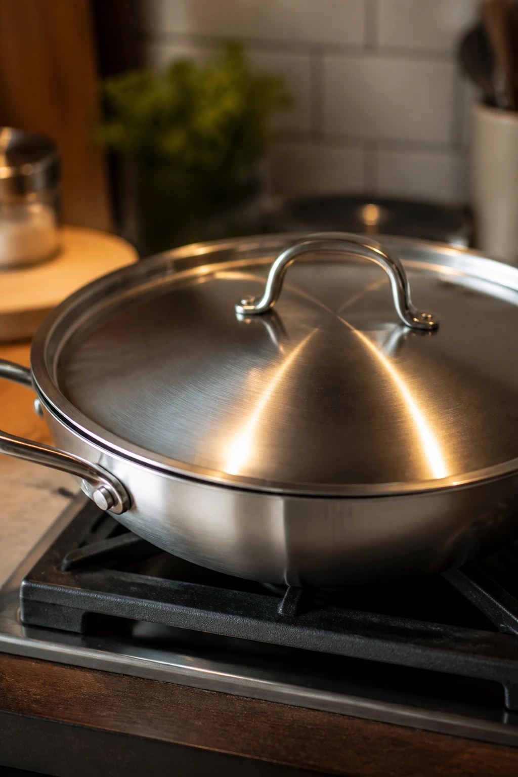 Close-up of a large skillet with lid on a stove in a kitchen