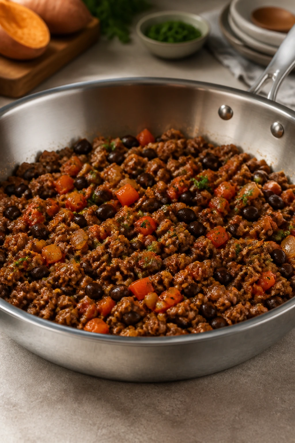 Close-up of a large skillet on a kitchen counter.