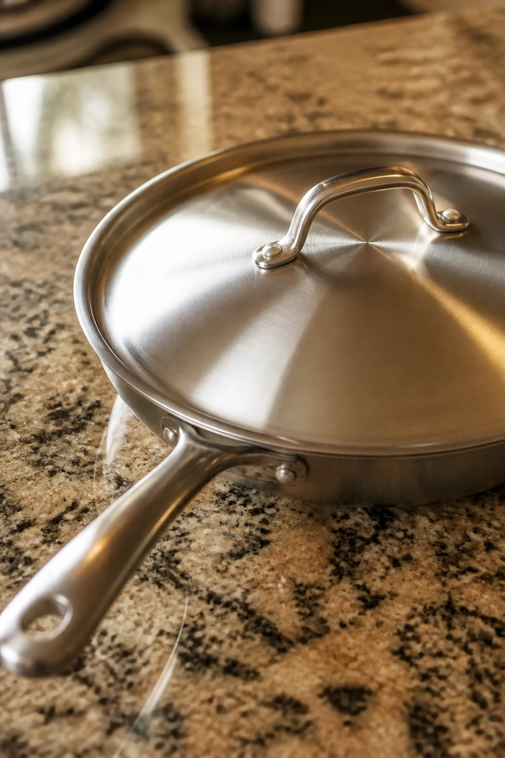 Close-up of a 12-inch skillet with lid on a clean kitchen counter