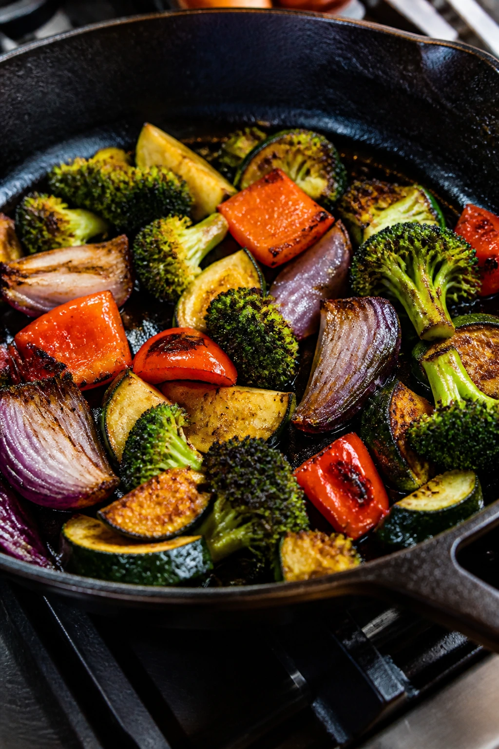 Vegetables browning in a hot skillet on a stove