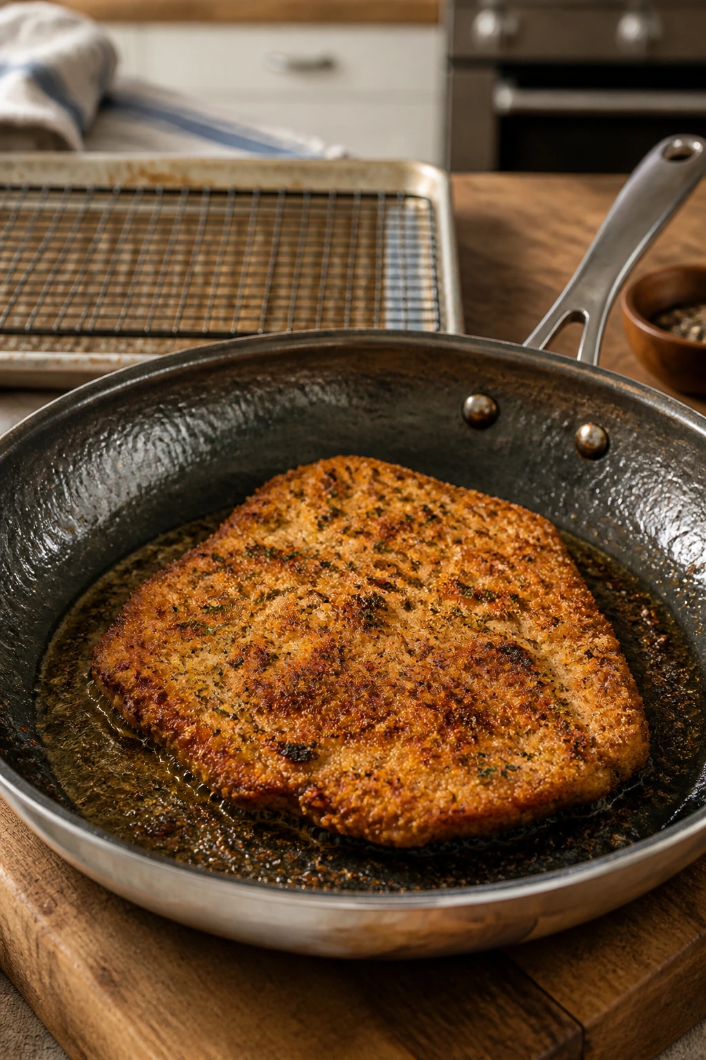 Skillet with breaded turkey browning on a wooden counter