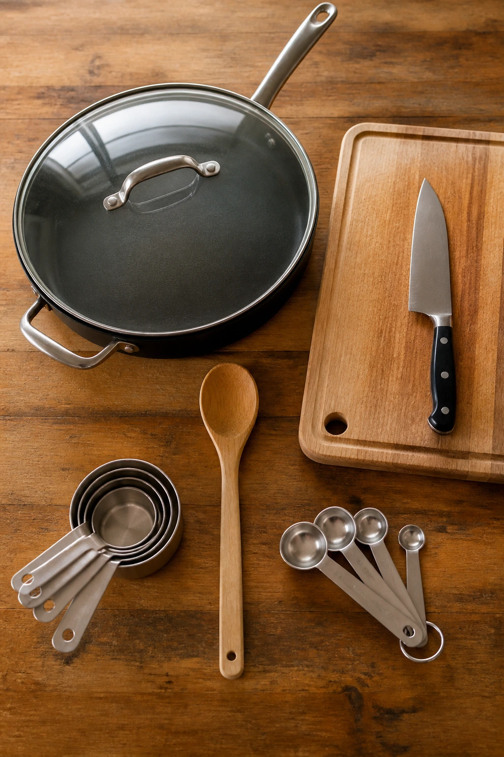 Overhead view of essential kitchen equipment for the recipe.