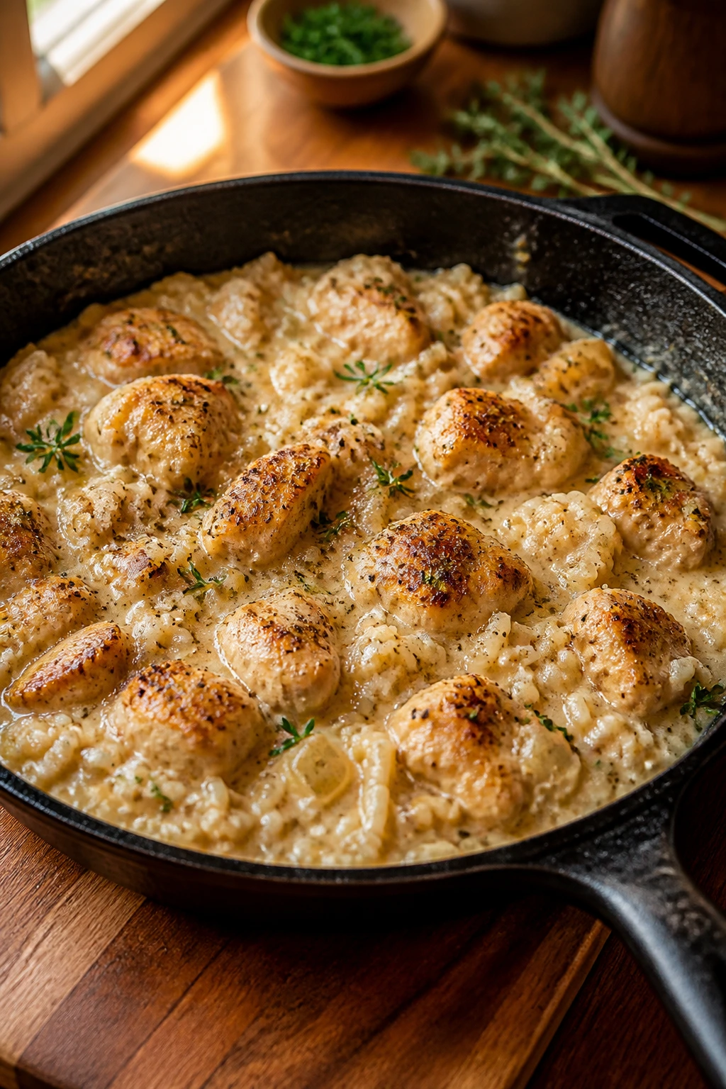 Cast-iron skillet with creamy chicken and rice, browned chicken and glossy sauce