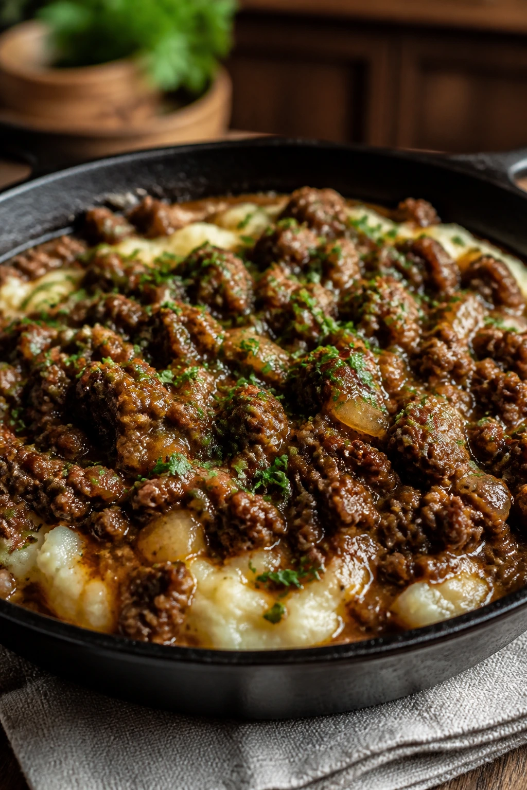 Close-up of a hearty skillet dinner with beef and potatoes