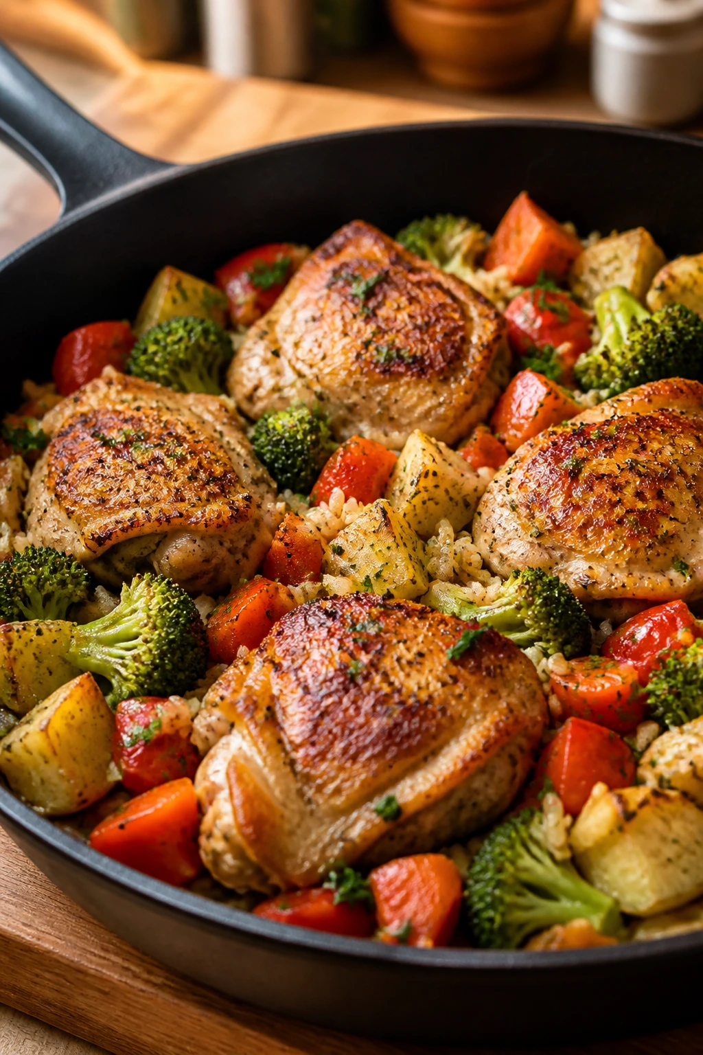 Close-up of a tidy skillet dinner with protein, veggies, and starch