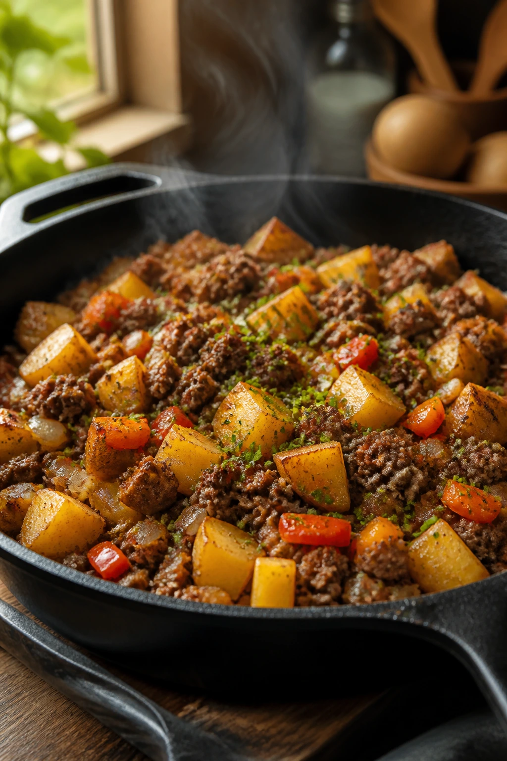 Close-up of a comforting skillet dinner filling a pan in a warm kitchen