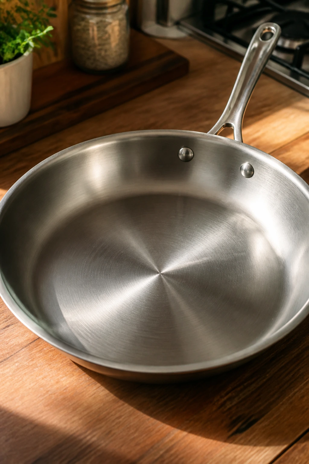 Close-up of a shiny 12-inch skillet on a warm kitchen counter ready for beef dishes