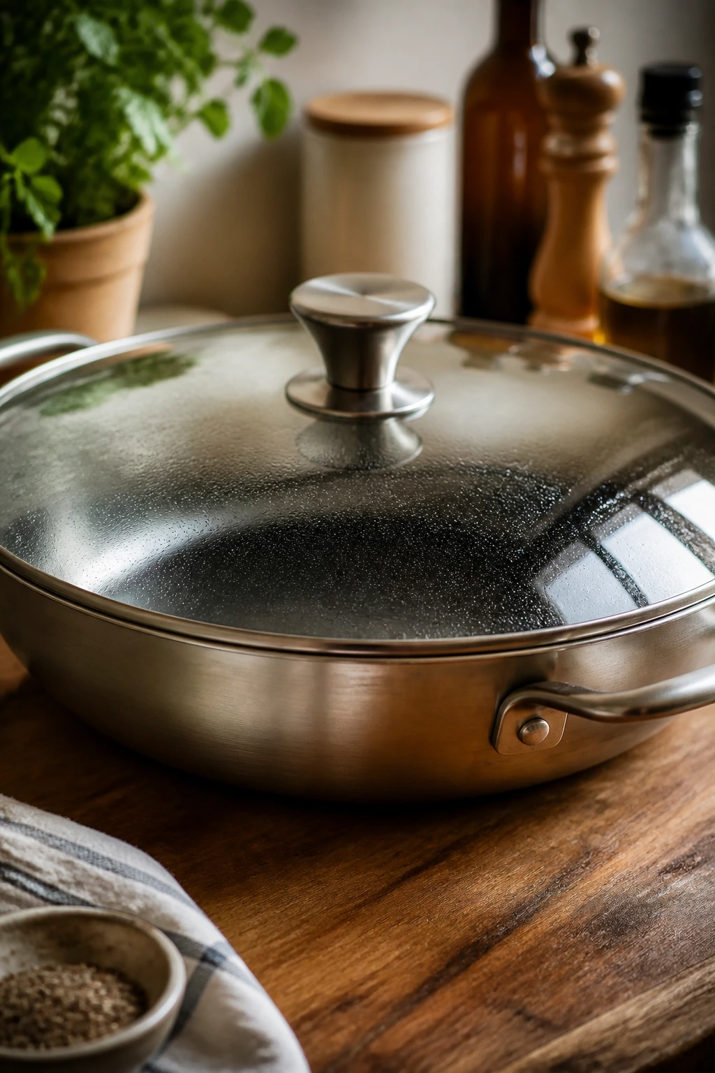 Close-up of a large skillet with lid in a warm kitchen, hero cookware for essential equipment