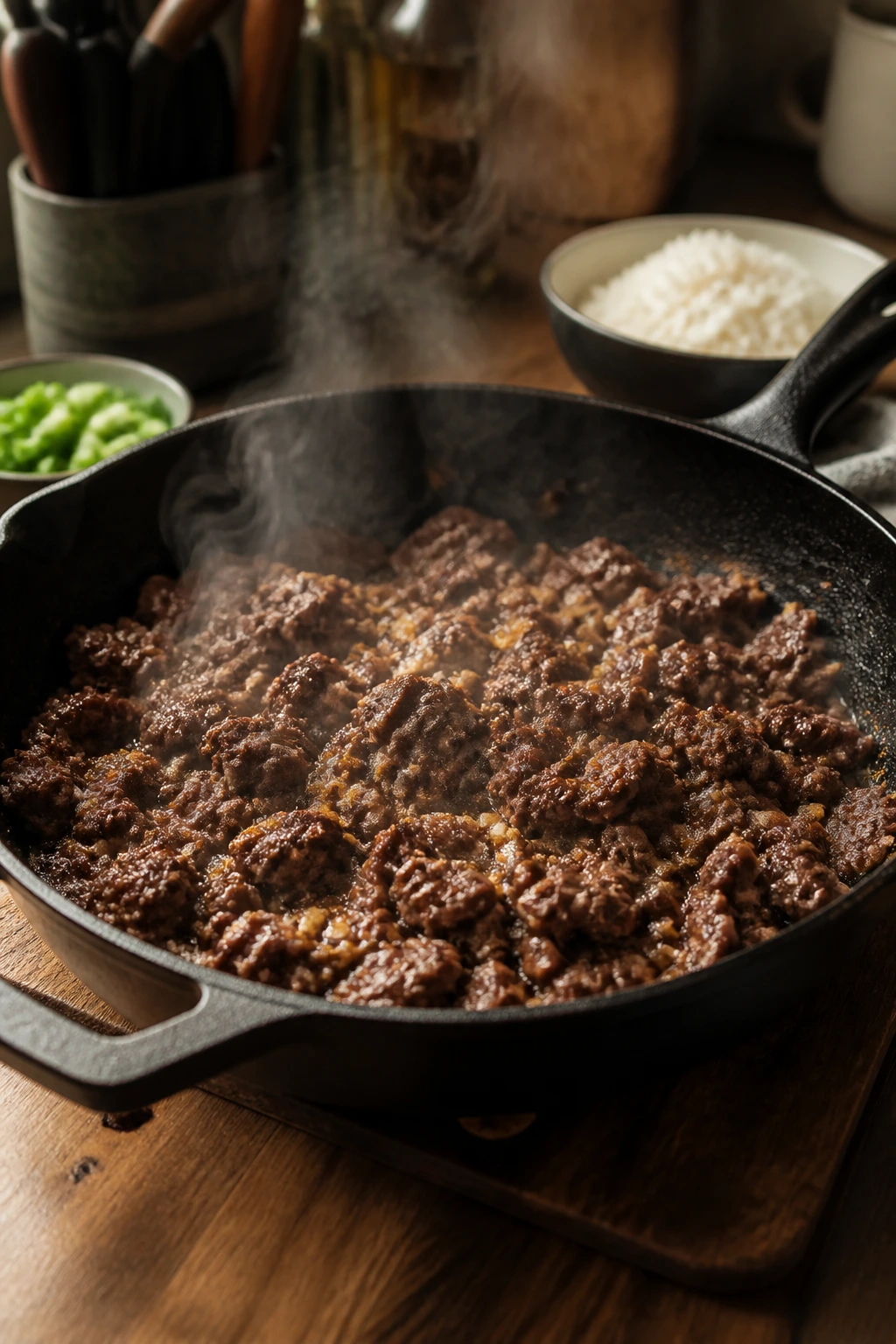 Close-up of a skillet with browning beef as essential equipment