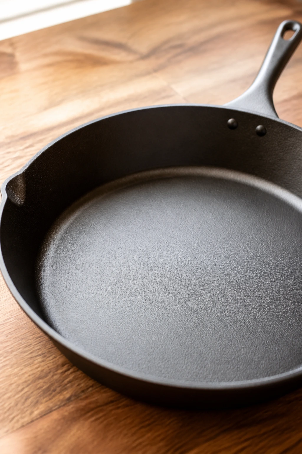 Close-up of a 12-inch skillet on a warm kitchen counter