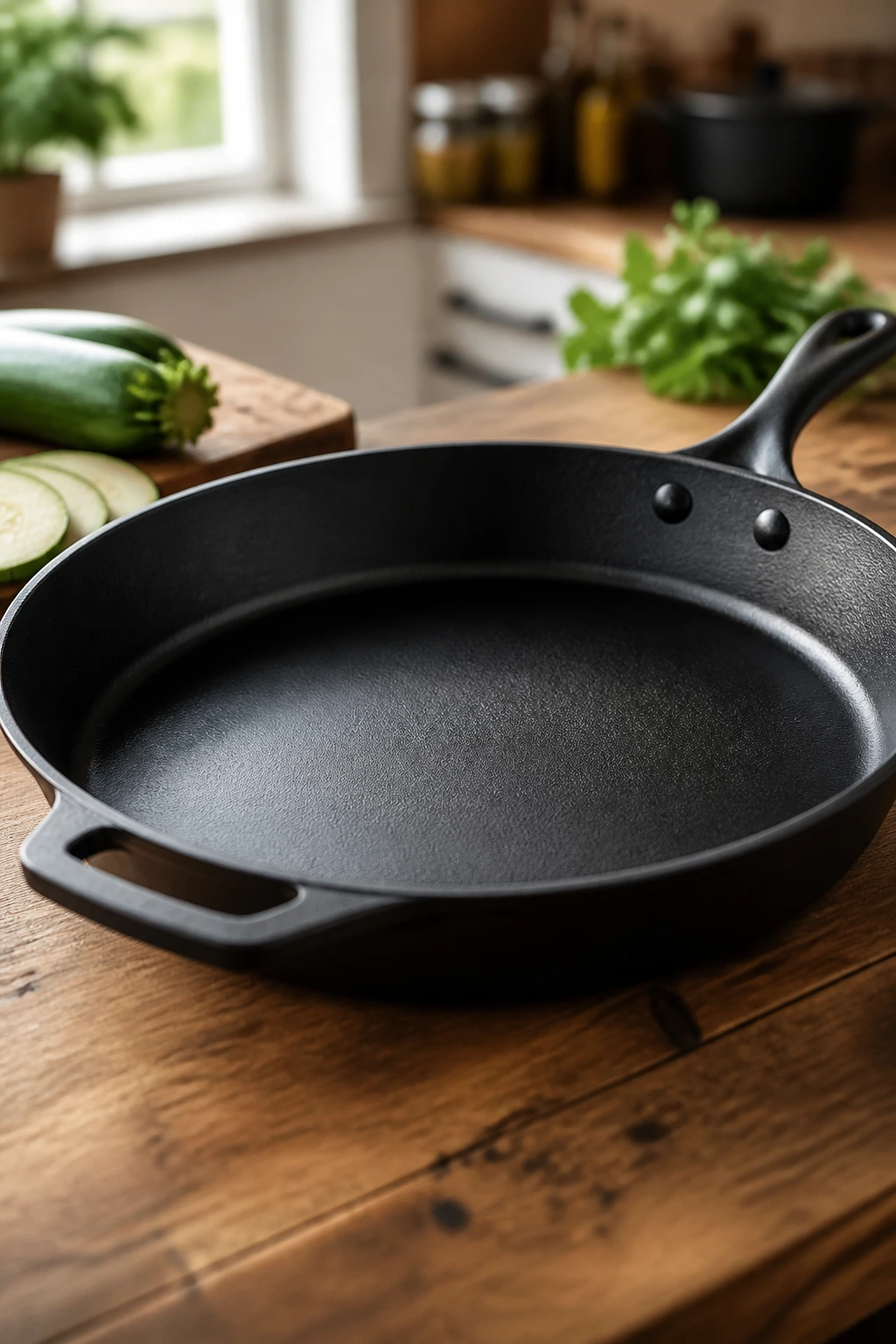 Large skillet on wooden counter in bright kitchen