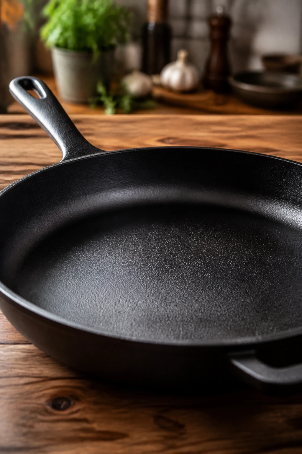 Close-up of a 12-inch skillet filling the frame on a wooden counter, essential cookware for sausage meals