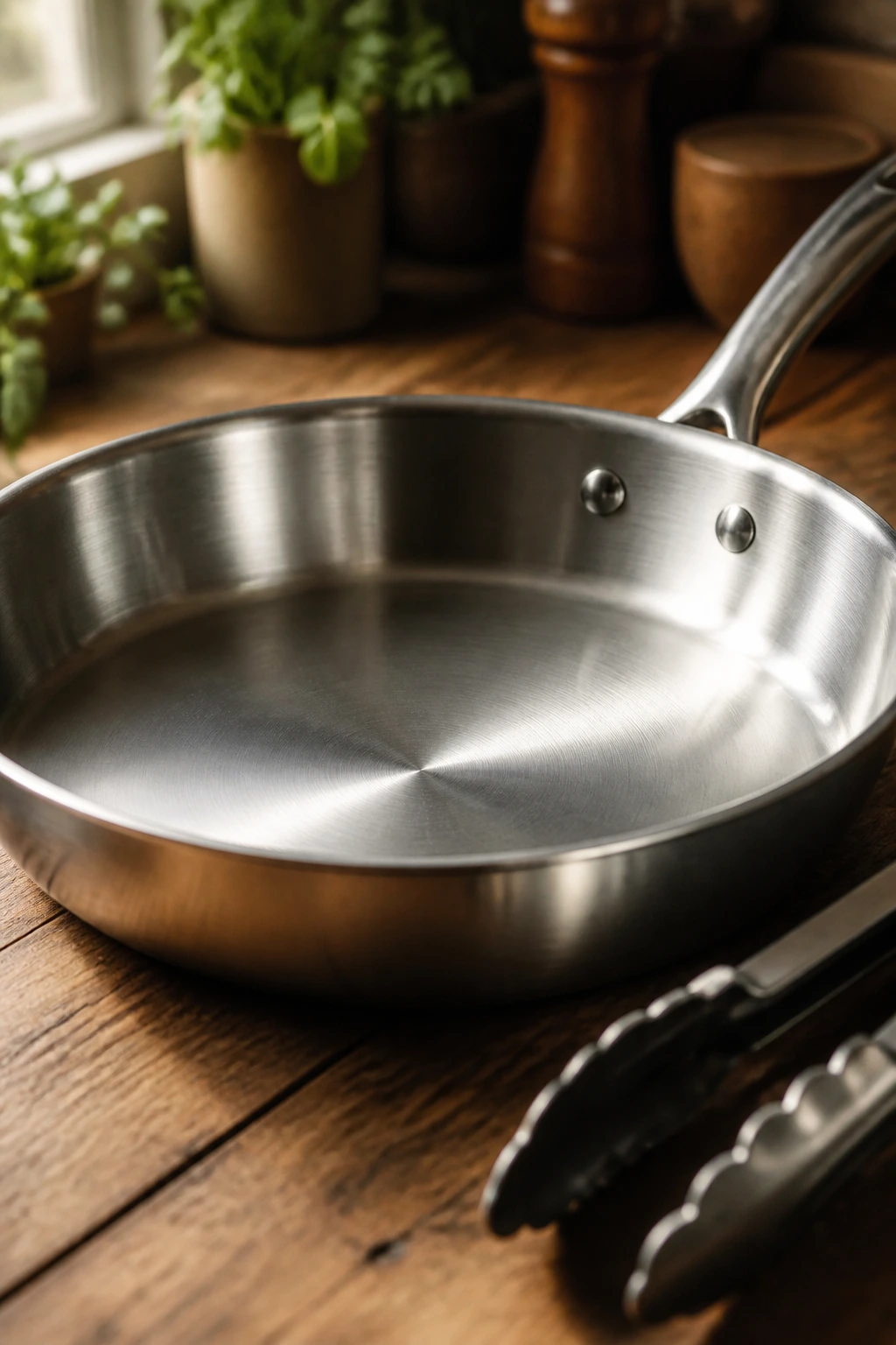 Close-up of a bright 12-inch skillet in a rustic kitchen
