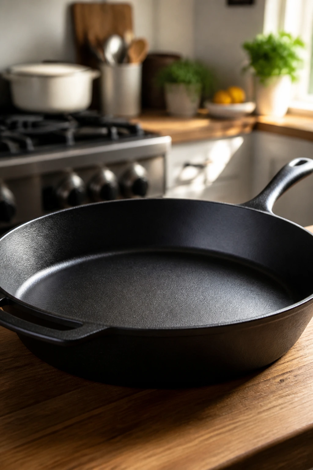 Close-up of a large skillet dominating the warm kitchen space