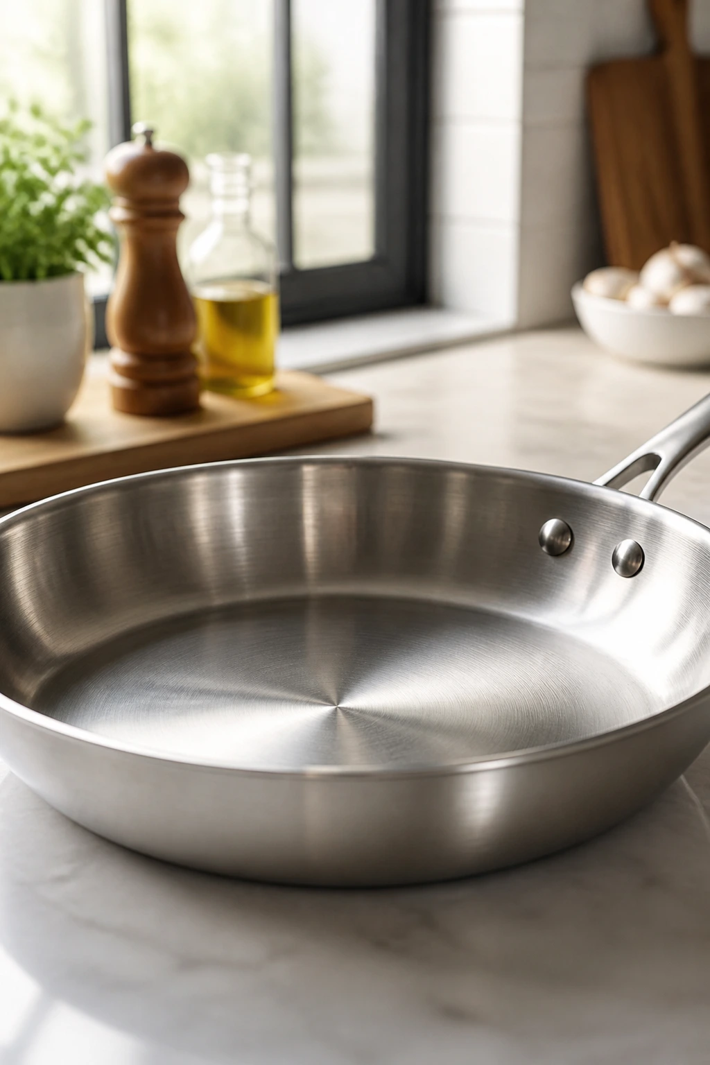 Close-up of a large stainless steel skillet in a kitchen