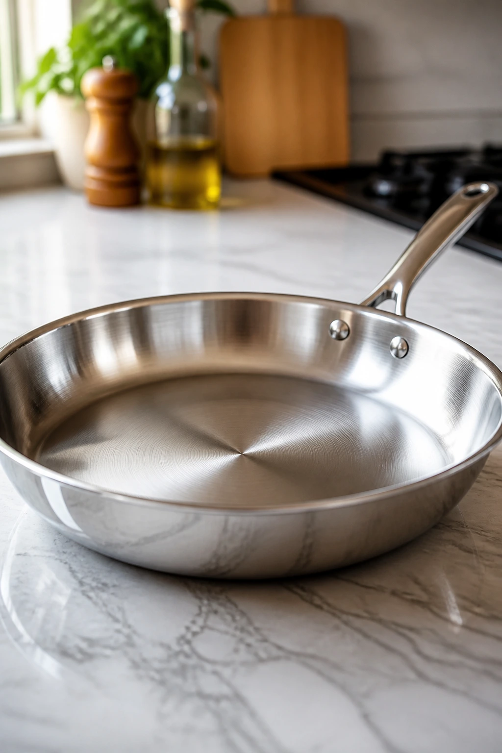 Gleaming 12-inch skillet on a kitchen counter.
