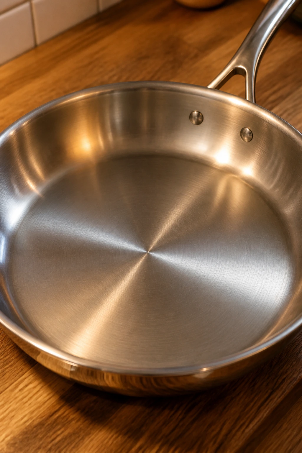 Close-up of a shiny 12-inch skillet on a wooden counter in a kitchen.