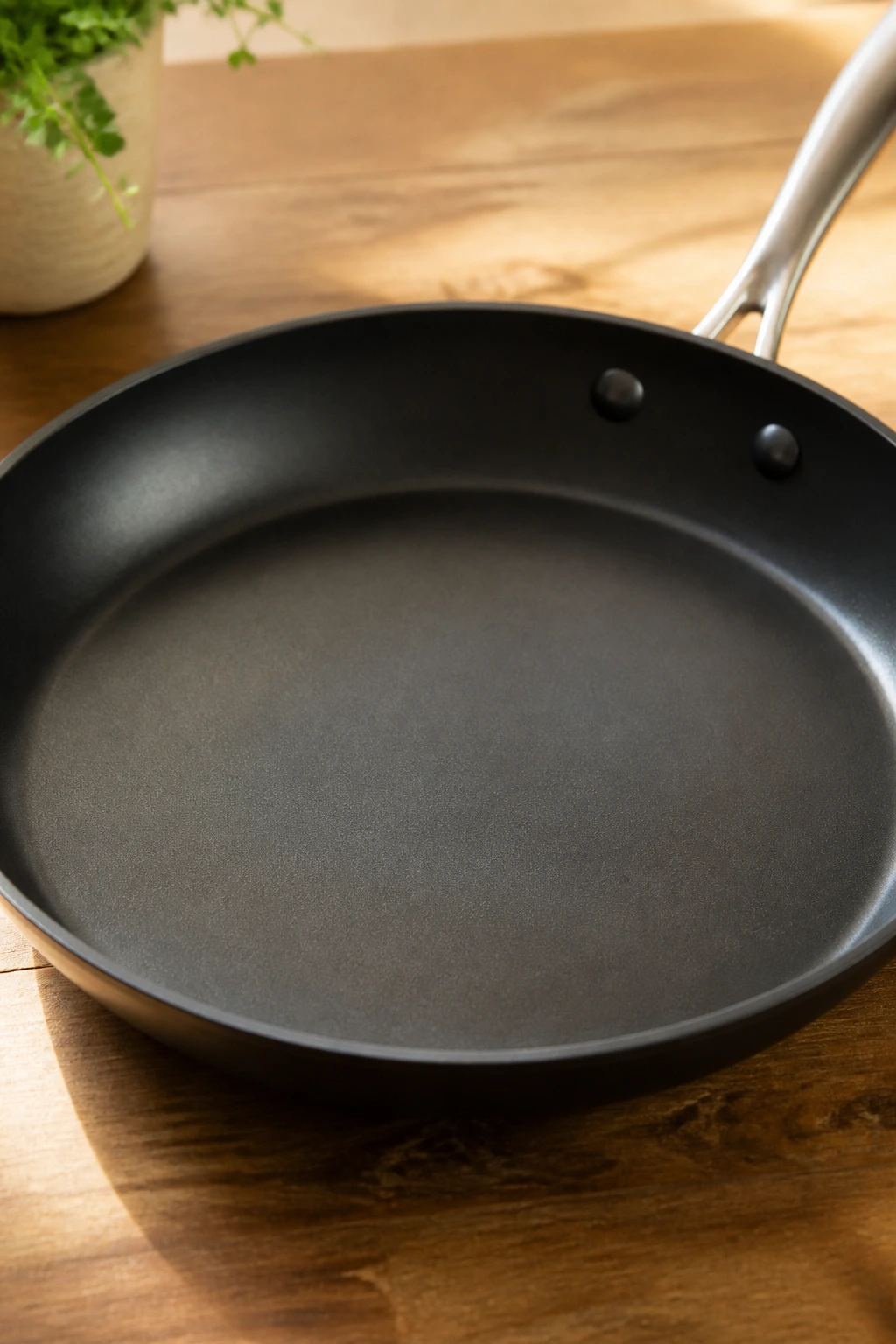 Close-up of a 12-inch skillet on a wooden counter.