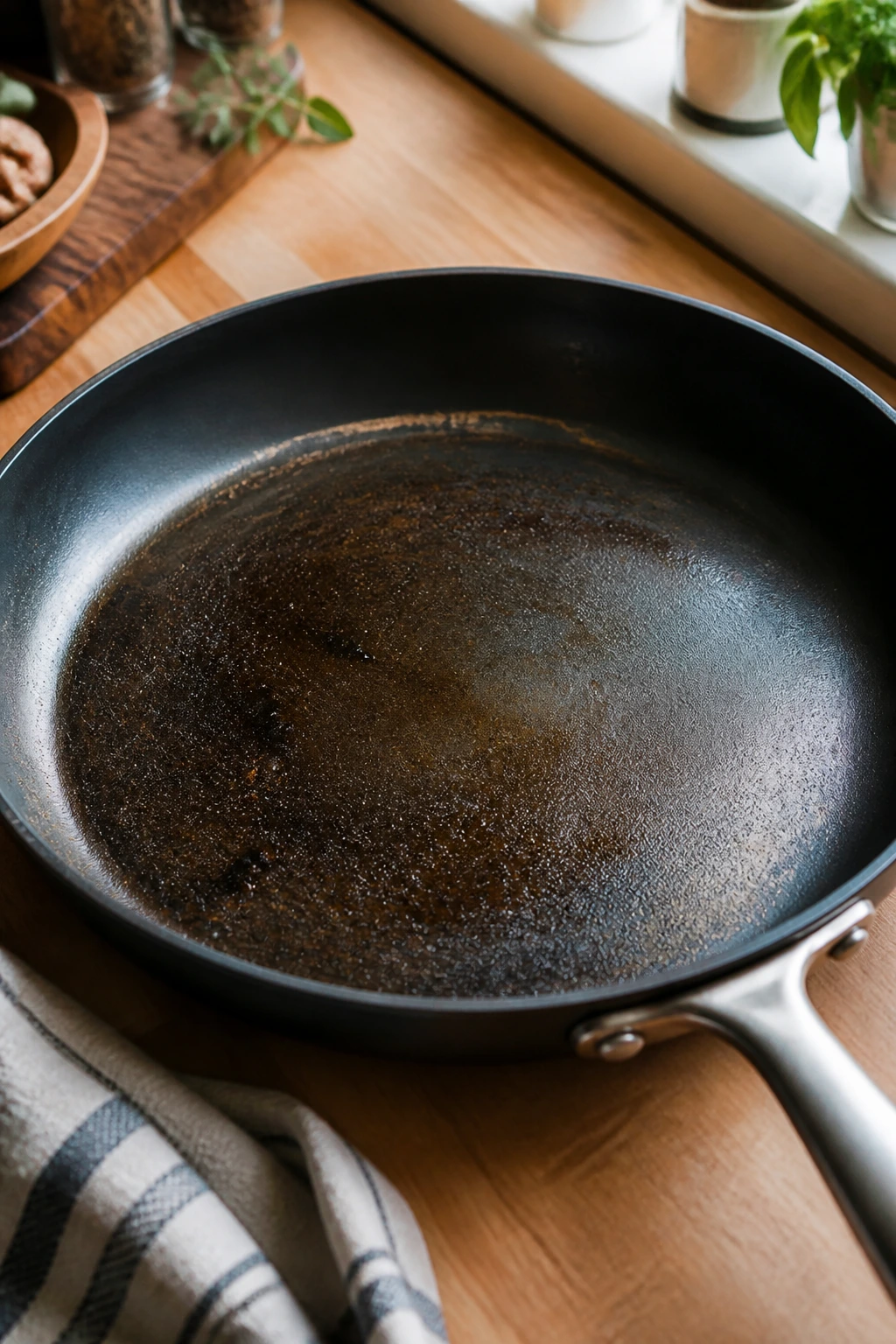 Close-up of a 12-inch skillet filling the frame in a home kitchen