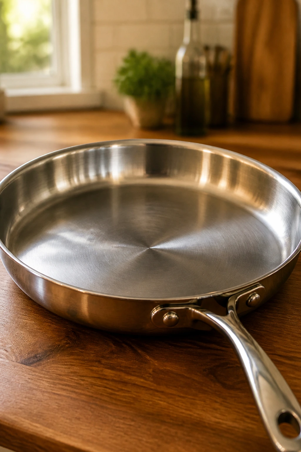 Close-up of a large 12-inch skillet as essential kitchen equipment in a cozy kitchen.