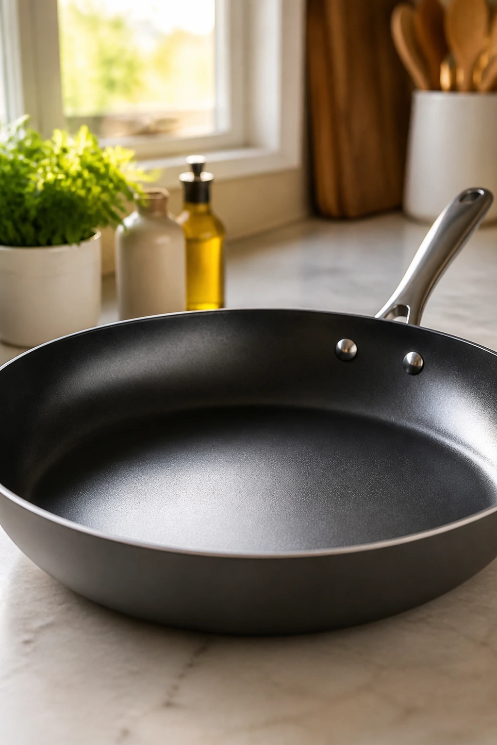 Close-up of a large skillet on a kitchen counter highlighting essential cookware.