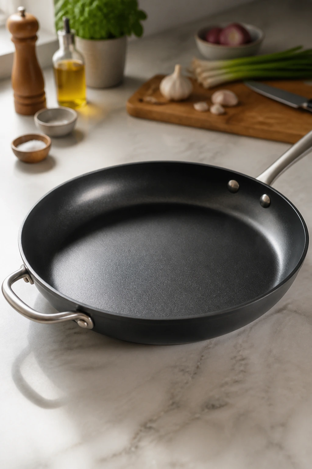 Close-up of a 12-inch skillet on a kitchen counter, symbolizing essential tools for quick weeknight cooking.