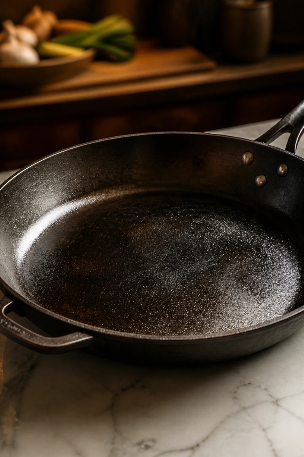 Close-up of a 12-inch heavy skillet ready for frying in a kitchen