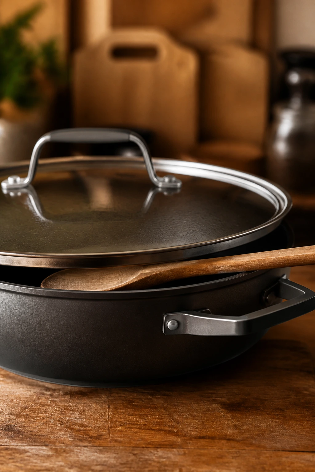 Skillet with lid and wooden spoon as the focal gear in a warm kitchen