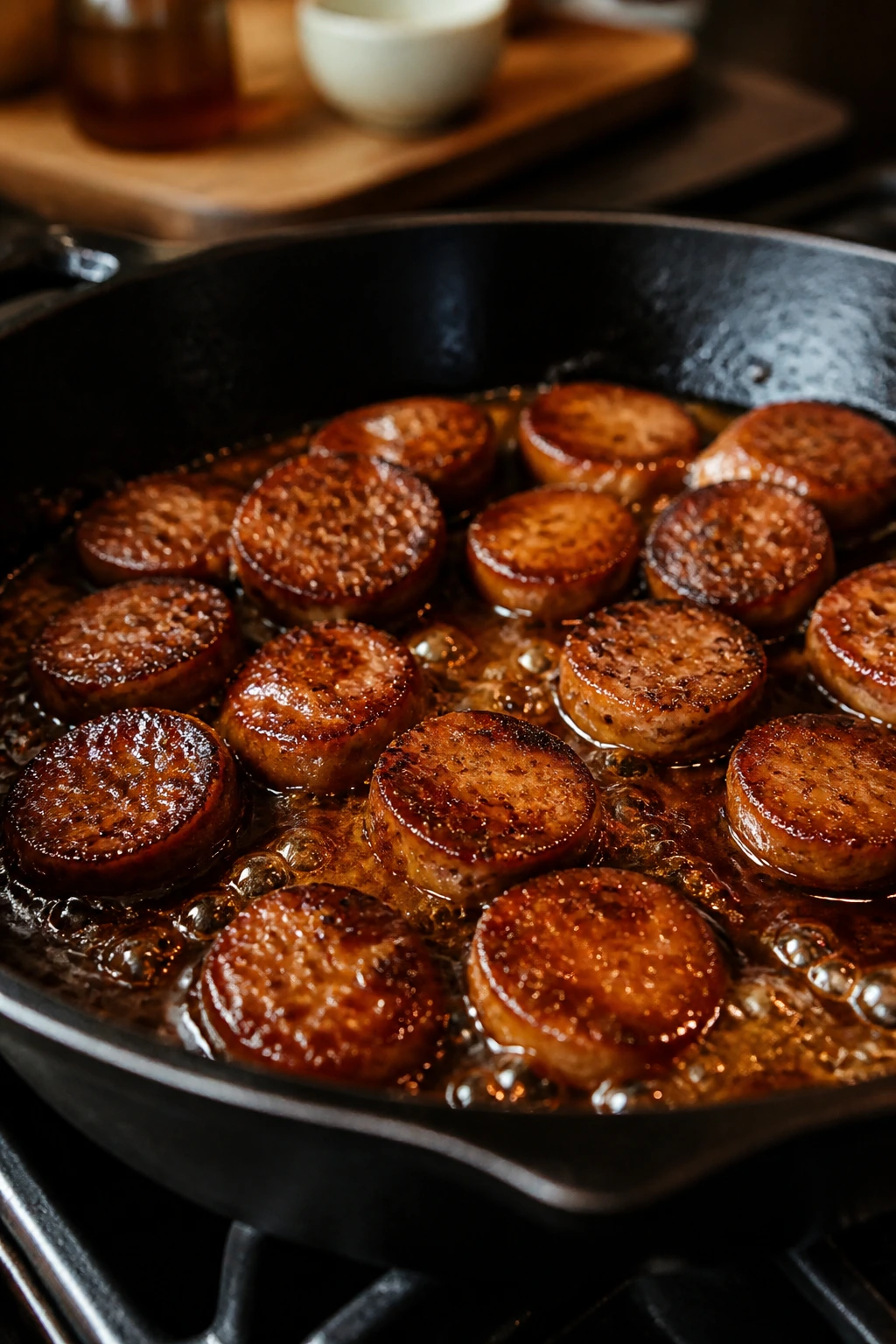 Close-up of sizzling sausage in cast-iron skillet with glossy glaze