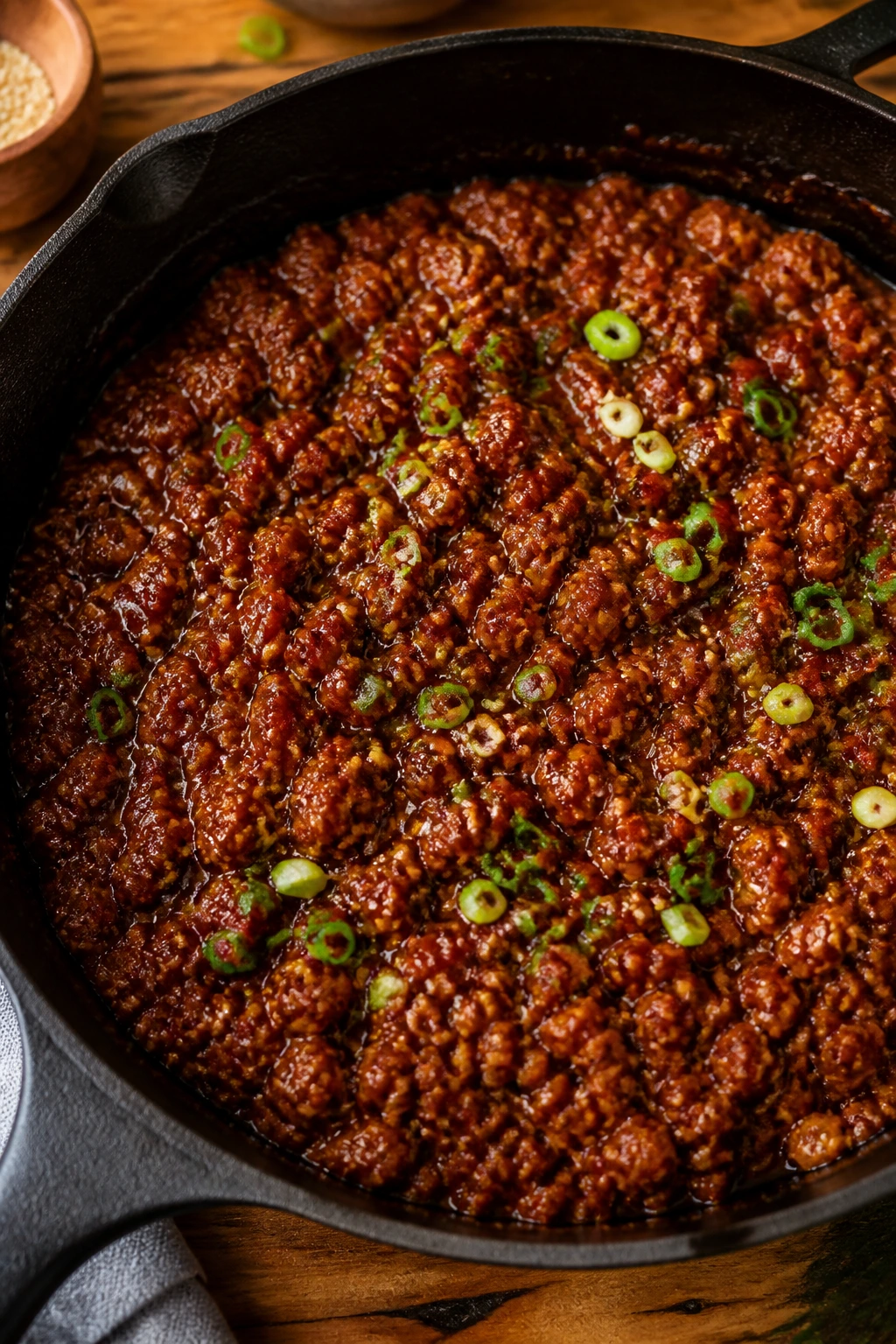 Close-up of a skillet with glossy Korean-spiced ground beef in a gochujang glaze, ready for a weeknight dinner