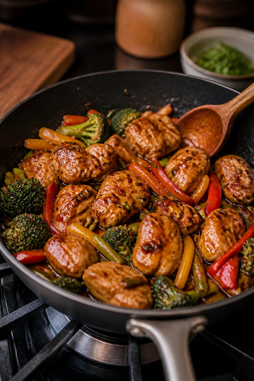 Skillet with glossy glaze on chicken in a home kitchen