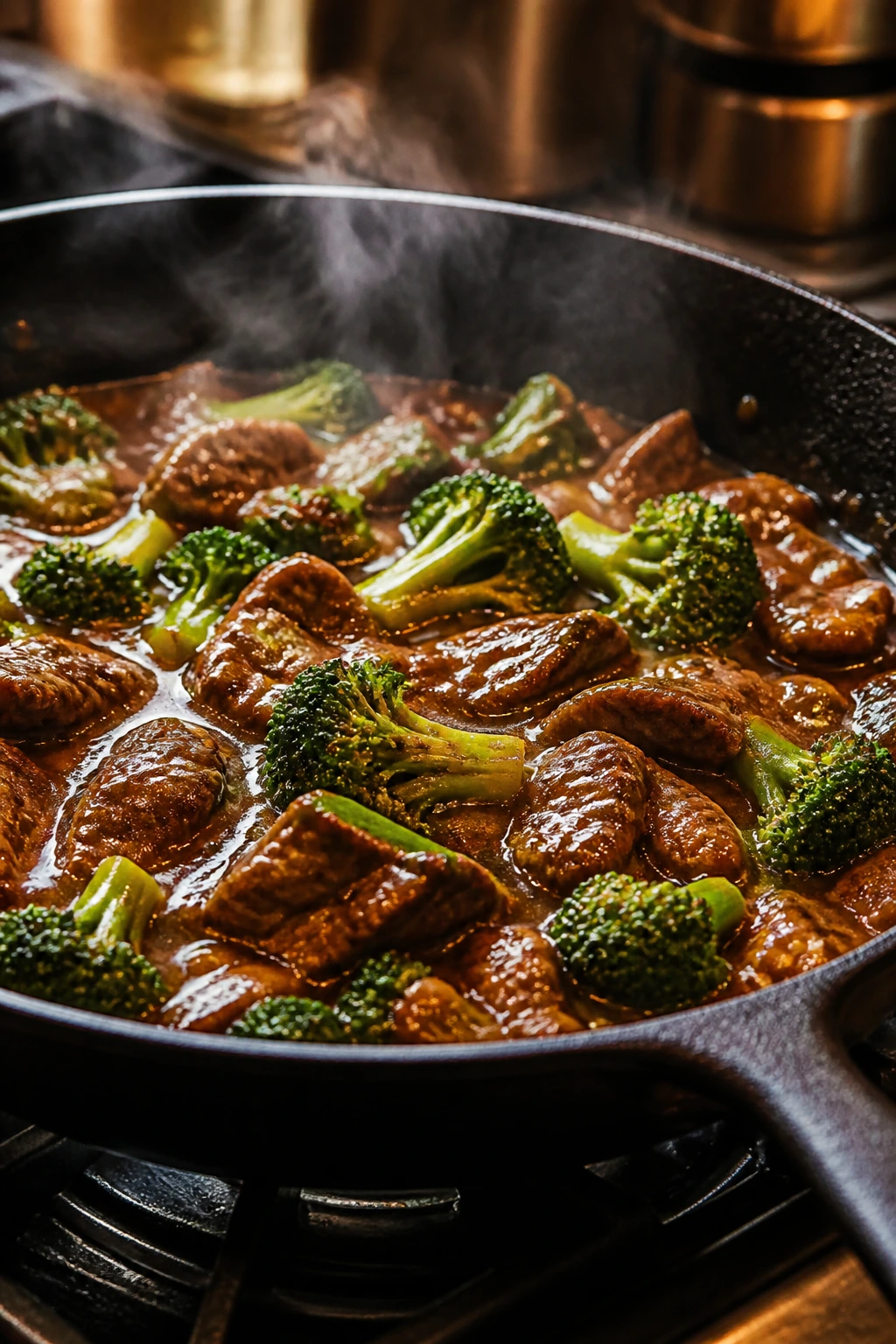 Close-up of a hot skillet with glossy sauce on a stove