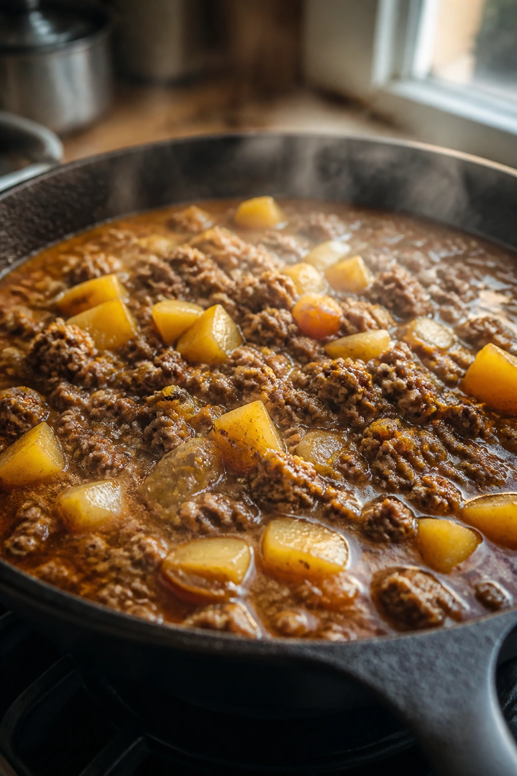 Simmering skillet with beef, potatoes and gravy, steam rising.