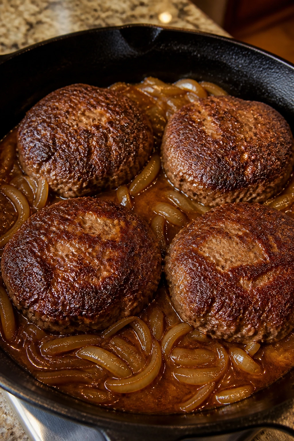 Cast-iron skillet with hamburger patties in onion gravy