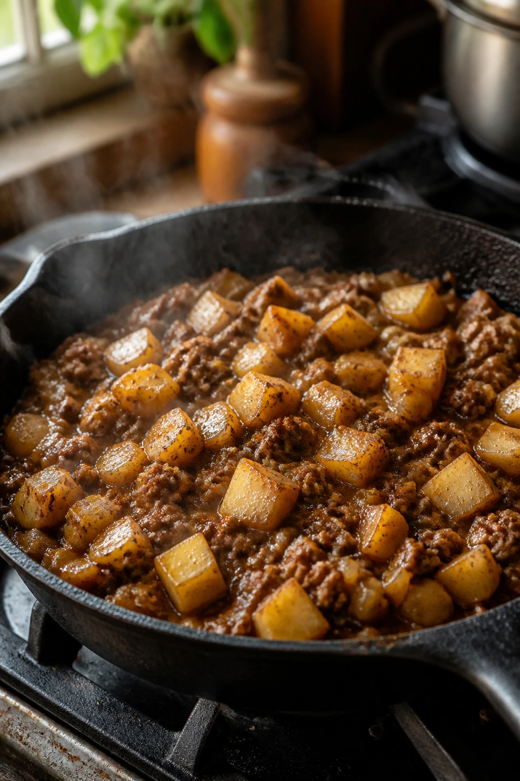 Close-up of skillet with browned beef and small cubed potatoes in gravy on a stove
